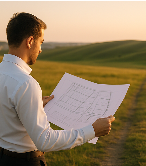 Property developer reviewing land subdivision plans on-site at sunset for land bank financing project