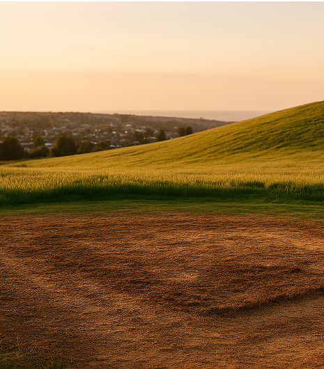 Cleared plot of land on green hillside overlooking suburban area, prepared for future development under land bank financing