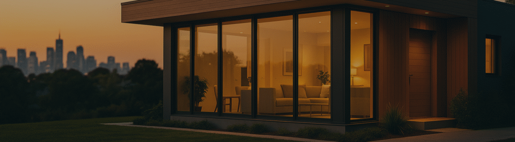 Modern Australian home at dusk with warm interior lights and blurred city skyline in the background, providing space on the left for white text overlay.