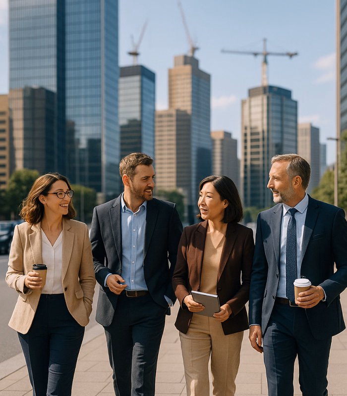 Group of Australian professionals walking on a modern city footpath and discussing debt restructuring in a neutral daylight cityscape with warm highlights, in sharp focus against a softened skyline.