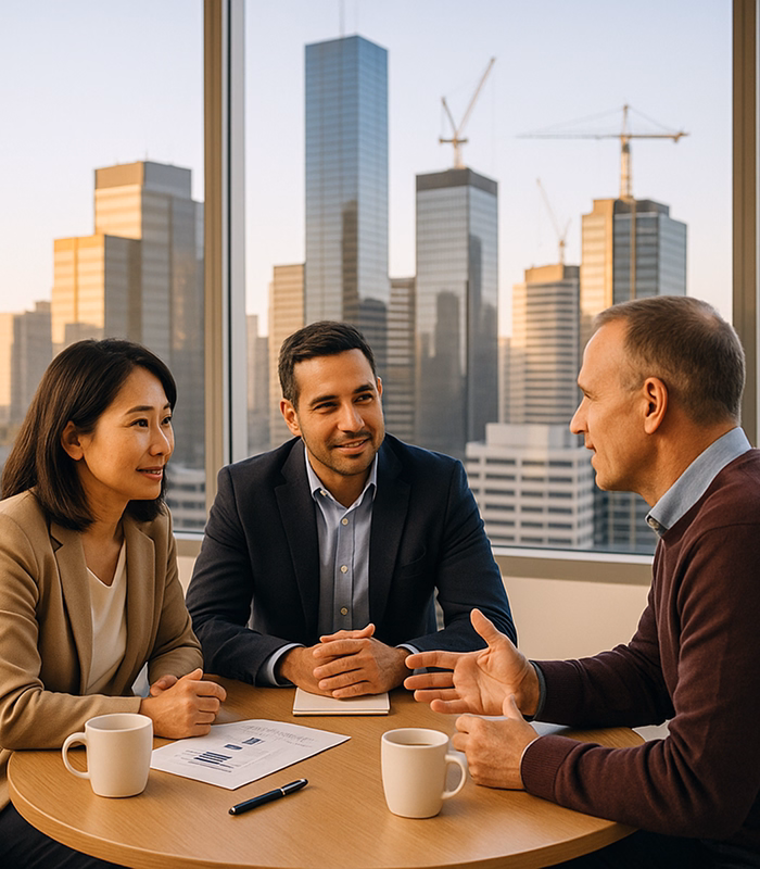Professionals meeting in a modern glass-walled office with city skyline views, discussing debt restructuring in neutral daylight with warm highlights.