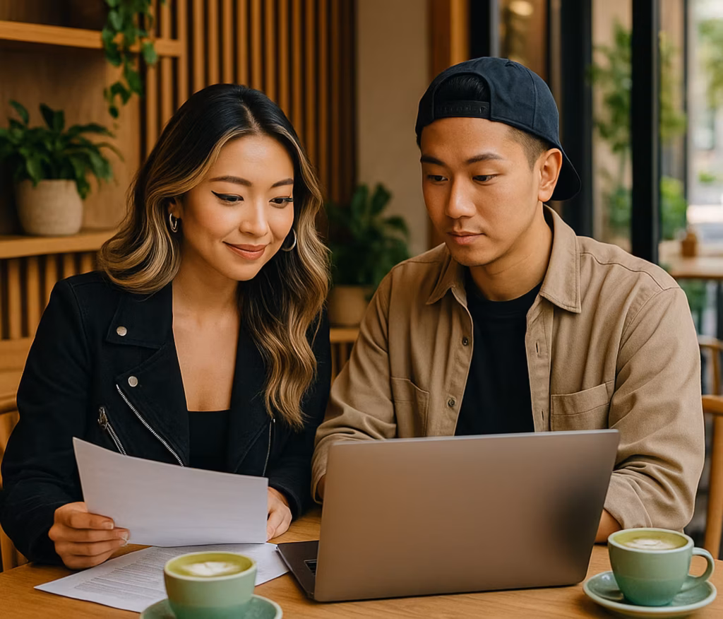 A young Asian couple sits together at a modern café table with matcha lattes, reviewing paperwork and a laptop as small business owners exploring options for a short term loan