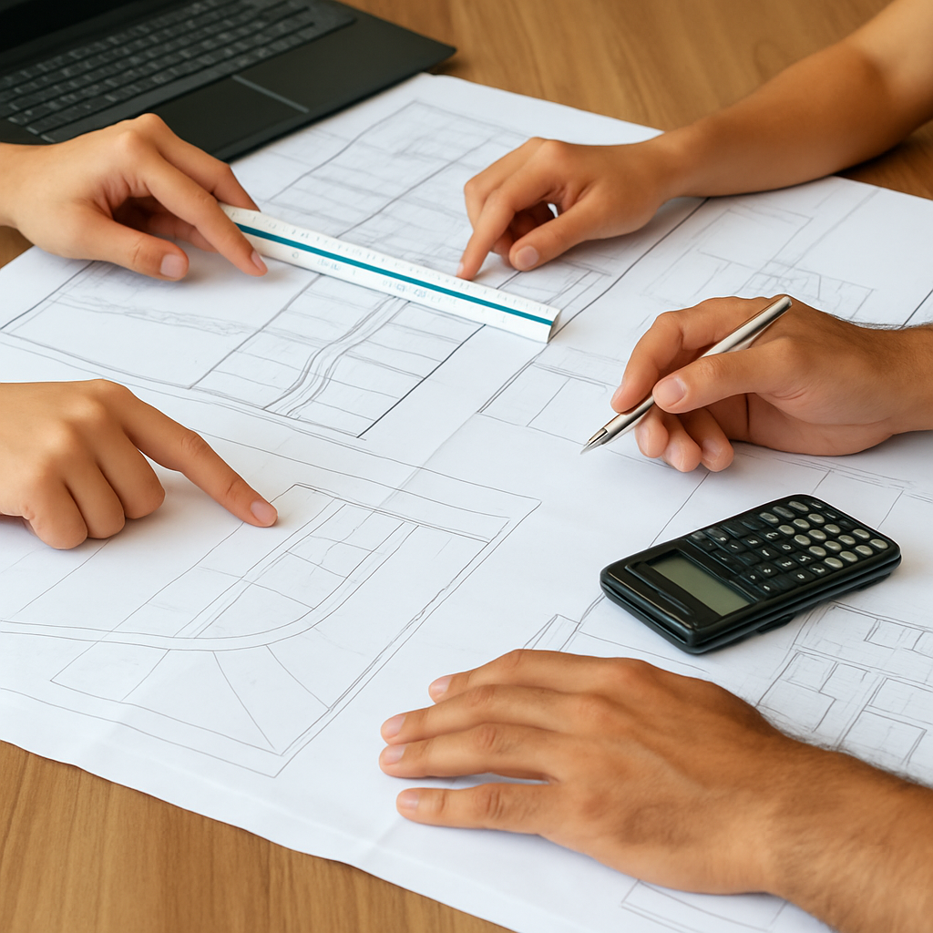 Three people collaborating over subdivision blueprints at a desk, illustrating planning and vision supported by land subdivision loans.