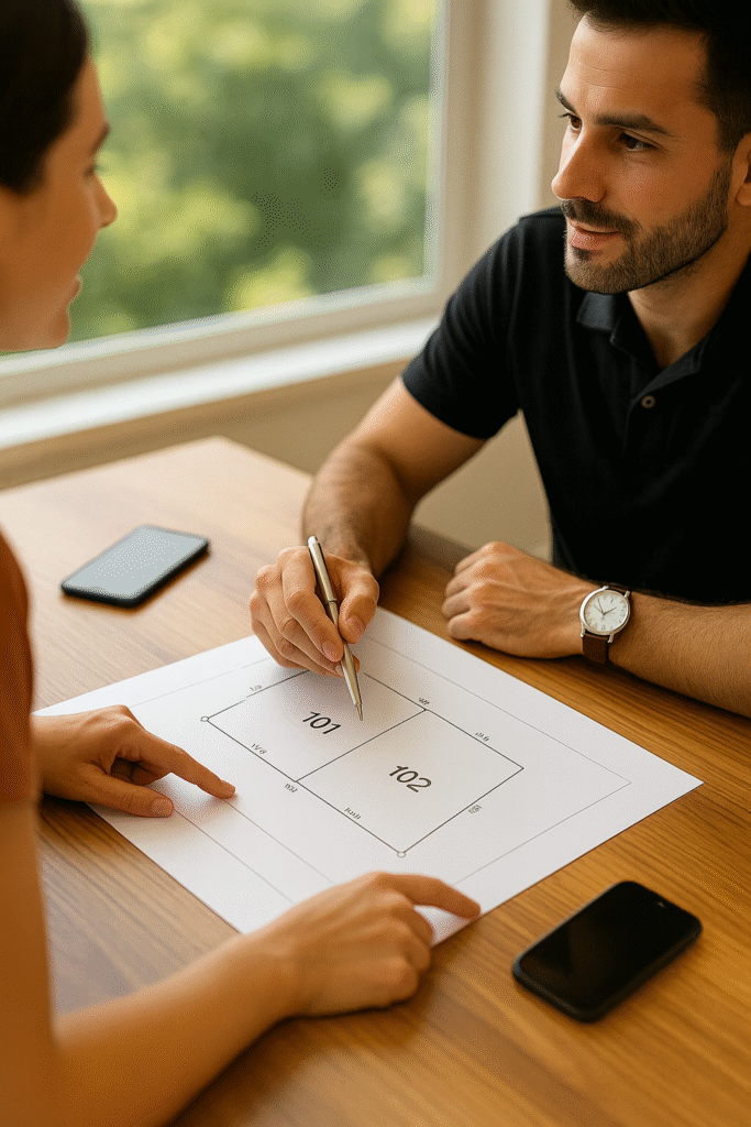 Two professionals reviewing subdivision plans on a desk, showing lots 101 and 102 in a quadrilateral layout, symbolising land subdivision loans and property development planning.