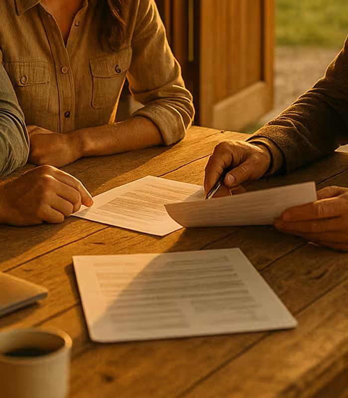 Close-up of a rural finance adviser reviewing loan documents with clients at a rustic wooden table, sunlight streaming through an open farmhouse door, symbolising the rural property loan application process.