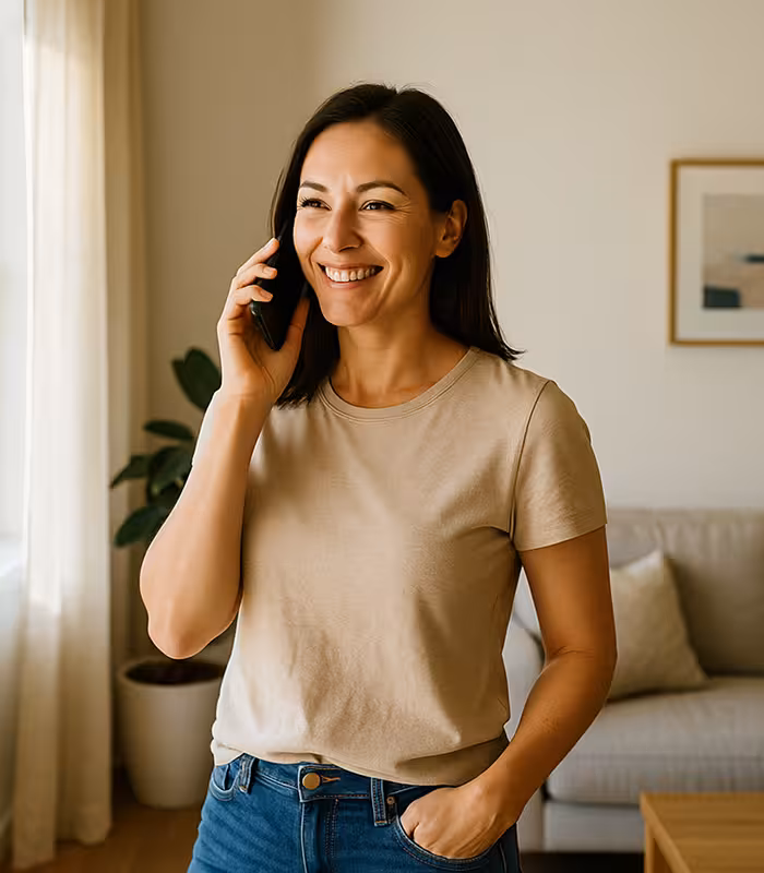 Smiling woman talking on the phone in a bright living room, discussing options for securing a second mortgage loan.