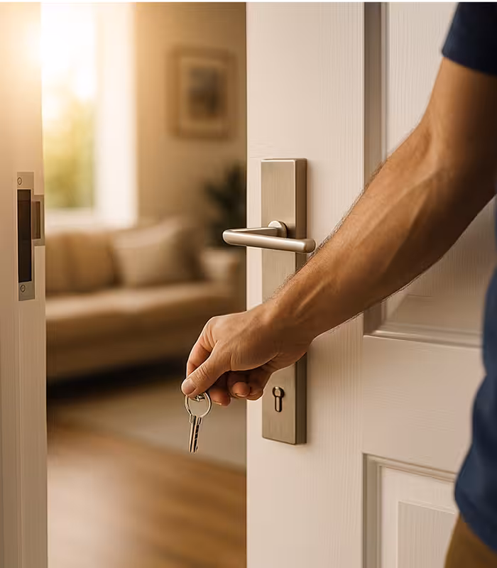 Close-up of a person unlocking a front door with house keys, representing gaining access to home equity through a second mortgage loan.