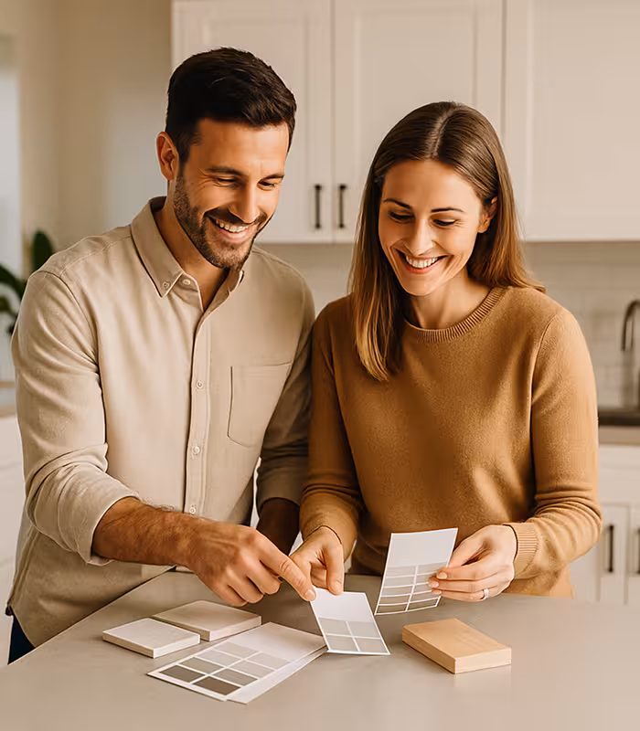 Smiling couple reviewing colour swatches and renovation materials in a modern kitchen, representing home improvement possibilities funded through a second mortgage.