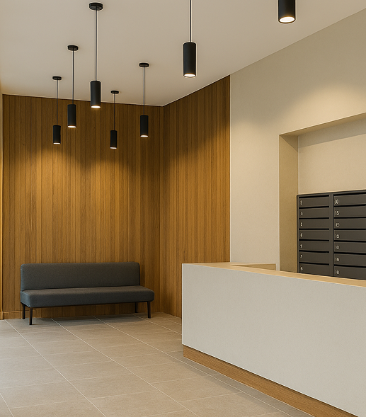Modern apartment lobby with mailboxes and reception area — ideal for property developers finalising take-out finance or transitioning from construction to long-term funding.