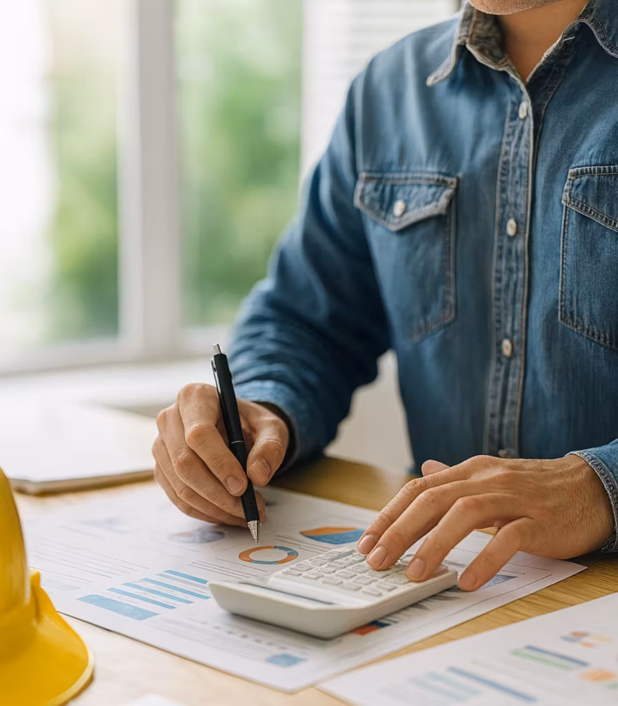 Business owner in a denim shirt calculating financial figures at a desk with a laptop, charts, and a yellow hard hat, representing streamlined low doc loan application processes.