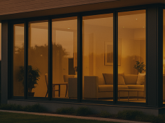 Modern Australian home at dusk with warm interior lights and blurred city skyline in the background, providing space on the left for white text overlay.